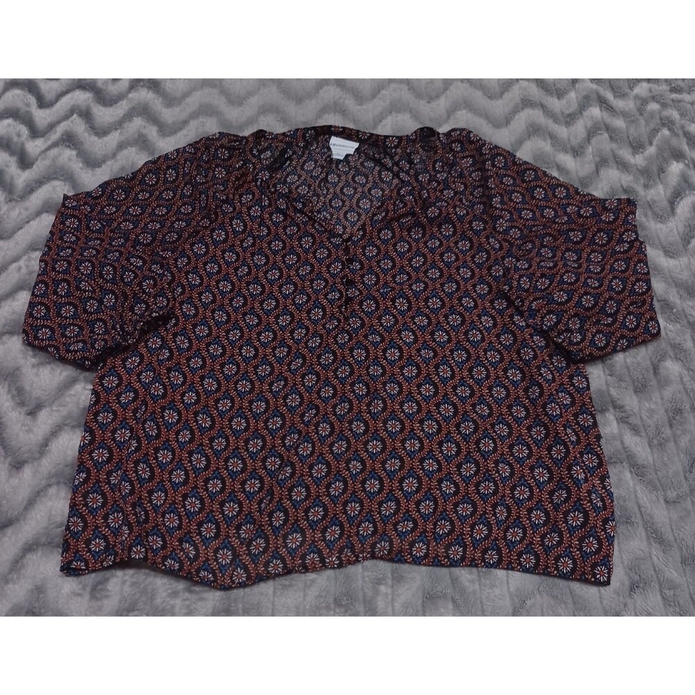 Liz Claiborne Womens Size XL Blue Orange Floral Semi Sheer 1/4 Button Up Shirt